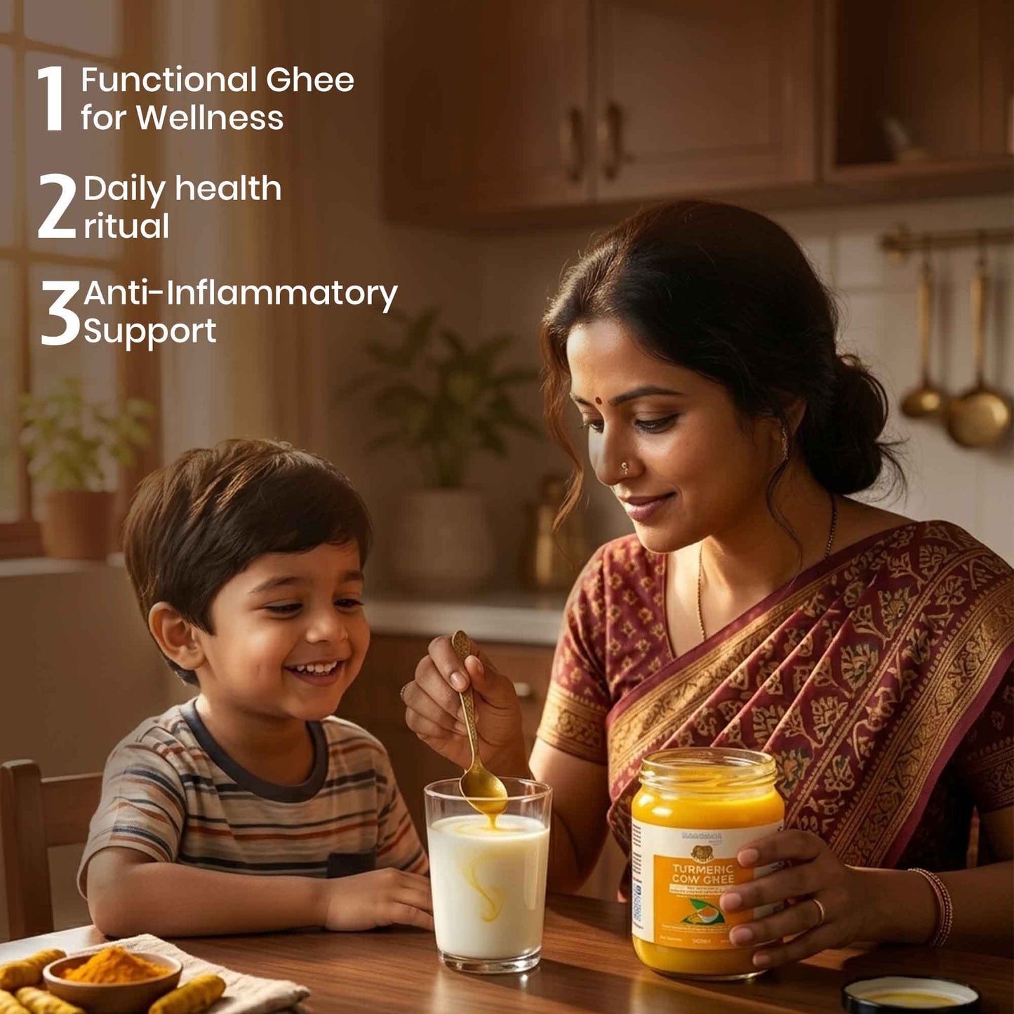 Woman and child in a kitchen with a jar of ghee and a glass of milk.