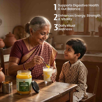 Barsana Magic and Grandmother and grandson in a kitchen with a jar of herbal product and a glass of milk.