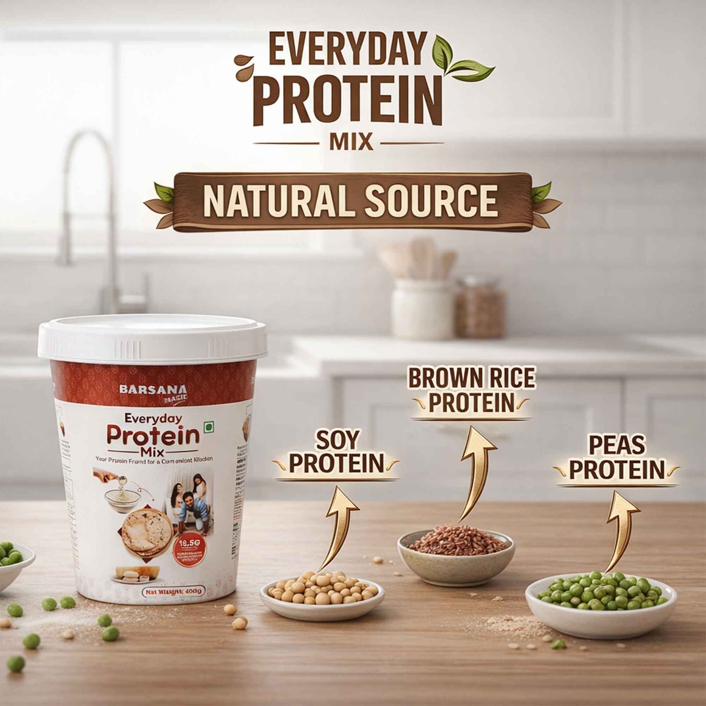 Barsana Magic and Everyday Protein Mix container with ingredients on a kitchen counter