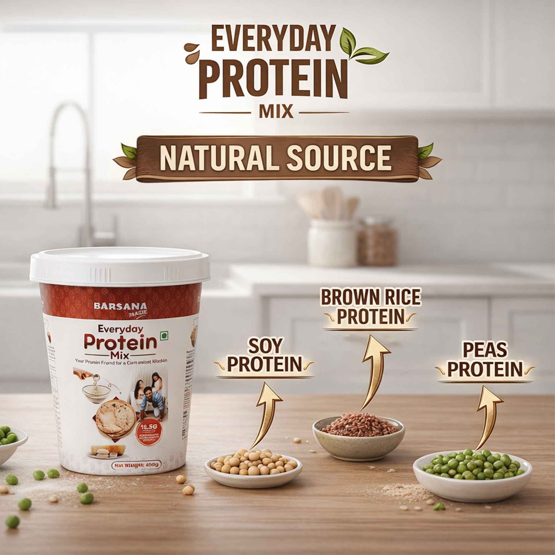 Barsana Magic and Everyday Protein Mix container with ingredients on a kitchen counter