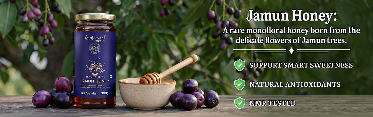 Barsana Magic and  Jar of Jamun honey with plums and a honey dipper on a wooden surface, with text about the honey's origin and benefits.