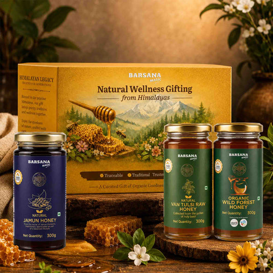 Barsana Magic and A BarSana wellness gift set featuring three glass jars of honey and a matching product box, styled on a rustic wooden surface with flowers and honeycomb. The set includes Jamun Honey in a dark blue jar, Van Tulsi Raw Honey in a green jar, and Organic Wild Forest Honey in another green jar, with a yellow gift box behind them.