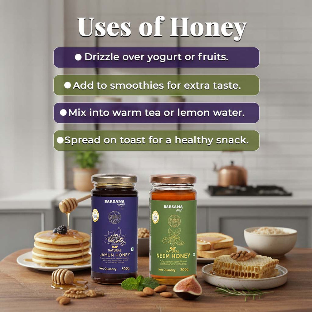 Barsana Magic and Two jars of honey with a kitchen background and text on honey uses.