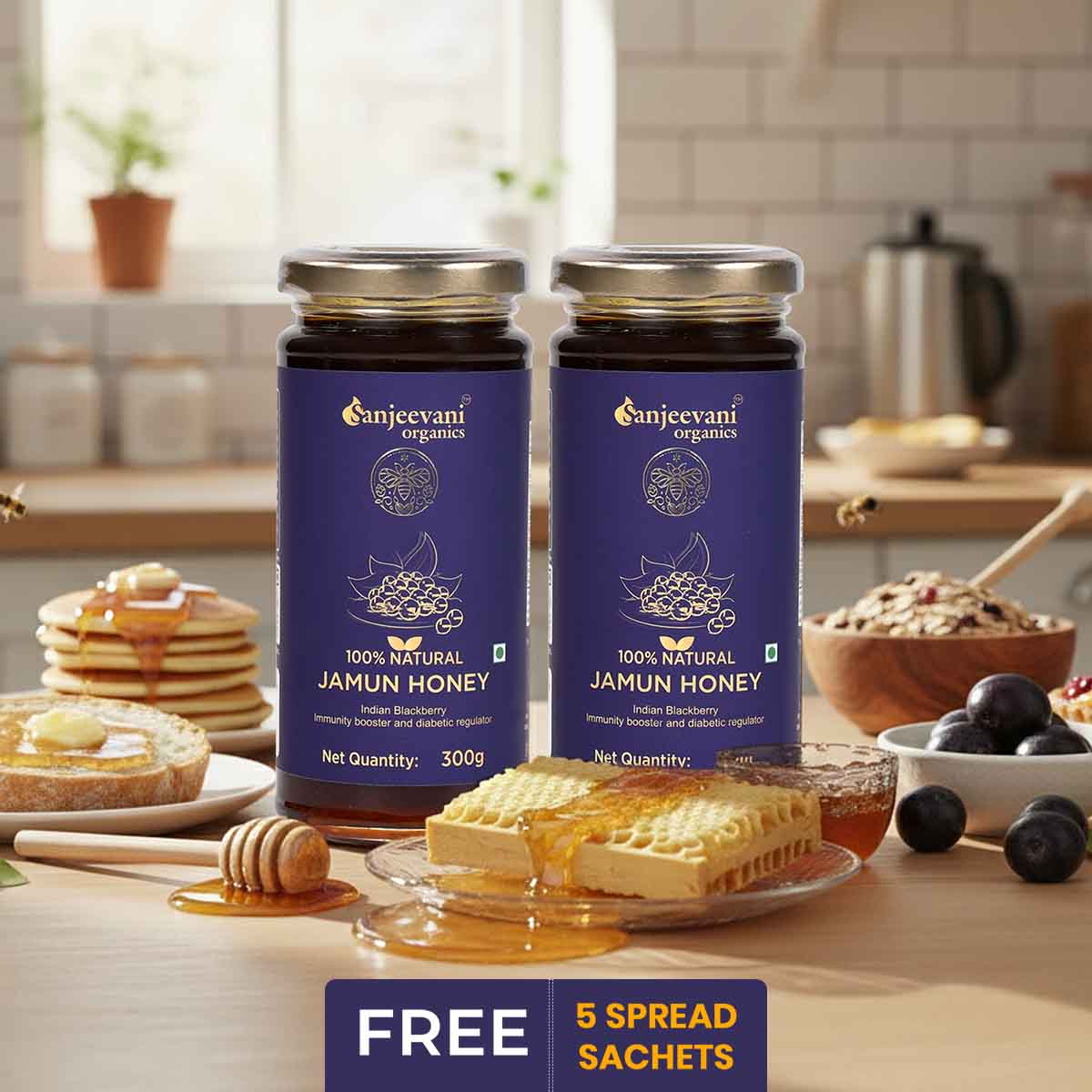 Barsana Magic and Two jars of Sanjeevani Jamun Honey on a kitchen counter with honeycomb and blueberries.