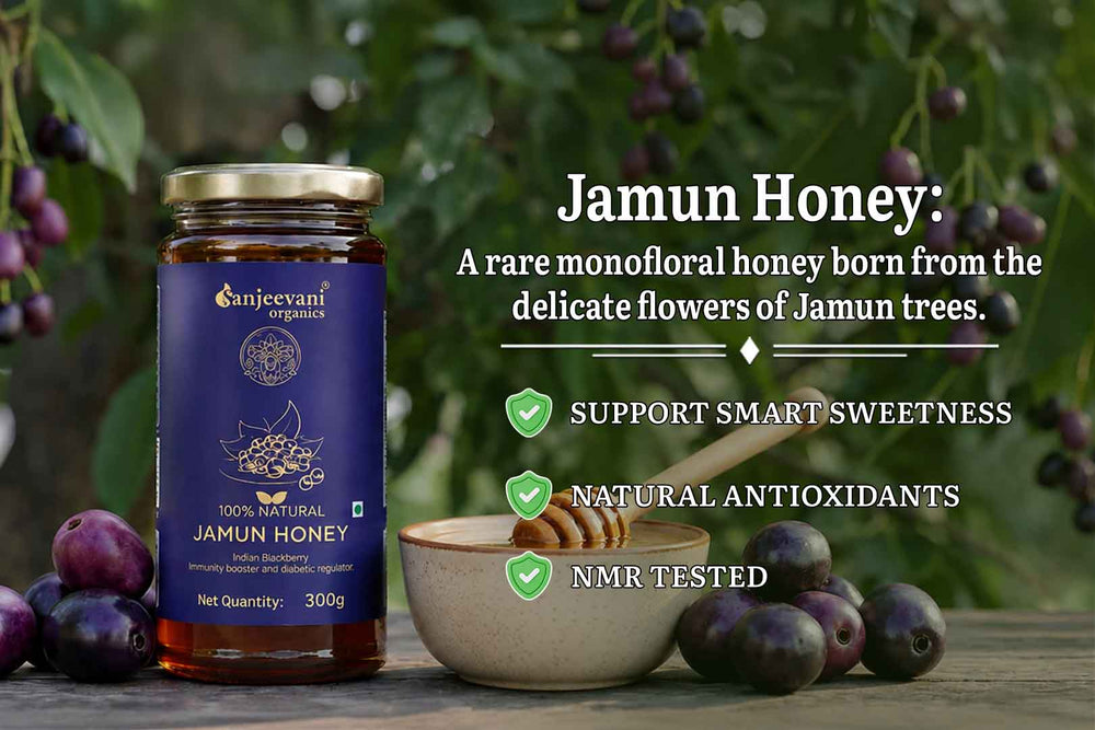 Barsana Magic and  sanjeevani Organics Jamun Honey jar with jamun fruits on a wooden surface