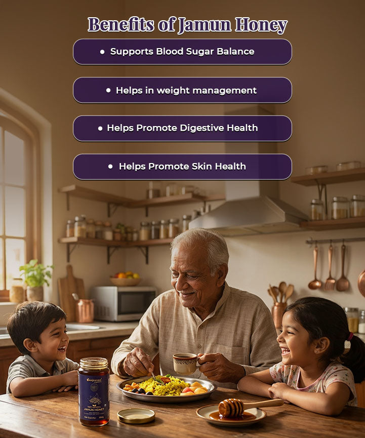Barsana Magic and Grandfather and two children in a kitchen with a jar of jamun honey, surrounded by text about its benefits.