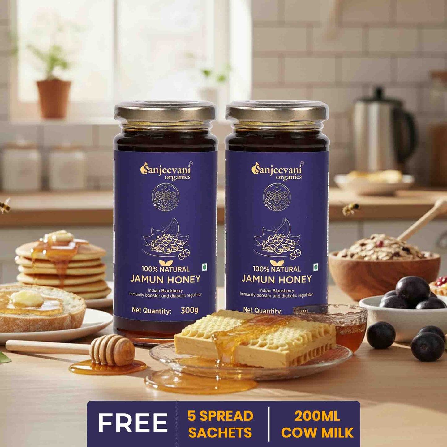 Barsana Magic and  Two jars of Sanjeevani Jamun Honey on a kitchen counter with honeycomb and berries.