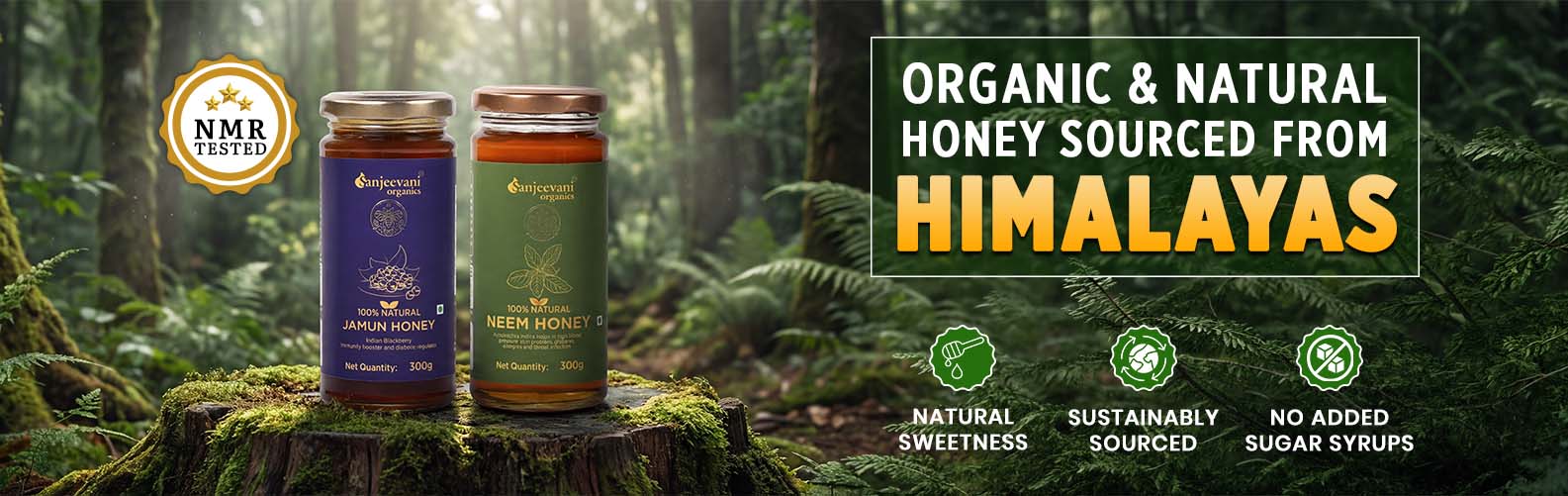 Barsana Magic and Two jars of honey on a log with a forest background and text highlighting organic and natural honey from the Himalayas.