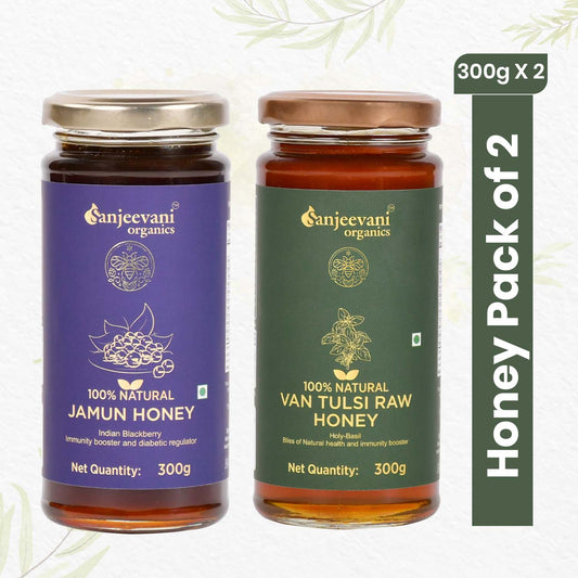 Two jars of Sanjeevani Organics’ 100% Natural Jamun Honey and Van Tulsi Raw Honey, showcasing pure, golden sweetness.