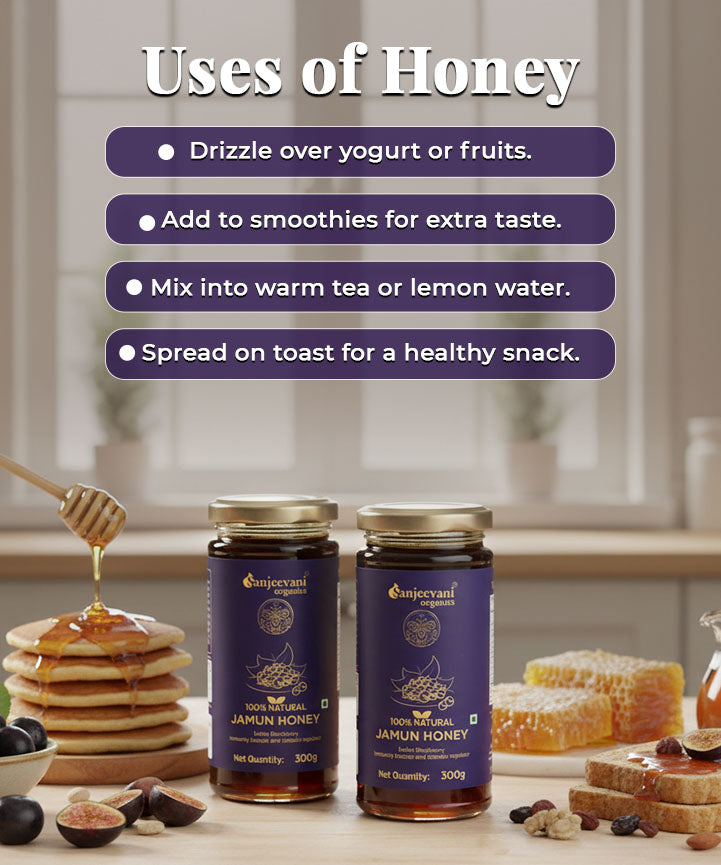 Barsana Magic and Uses of honey displayed with jars and honeycomb on a kitchen counter.