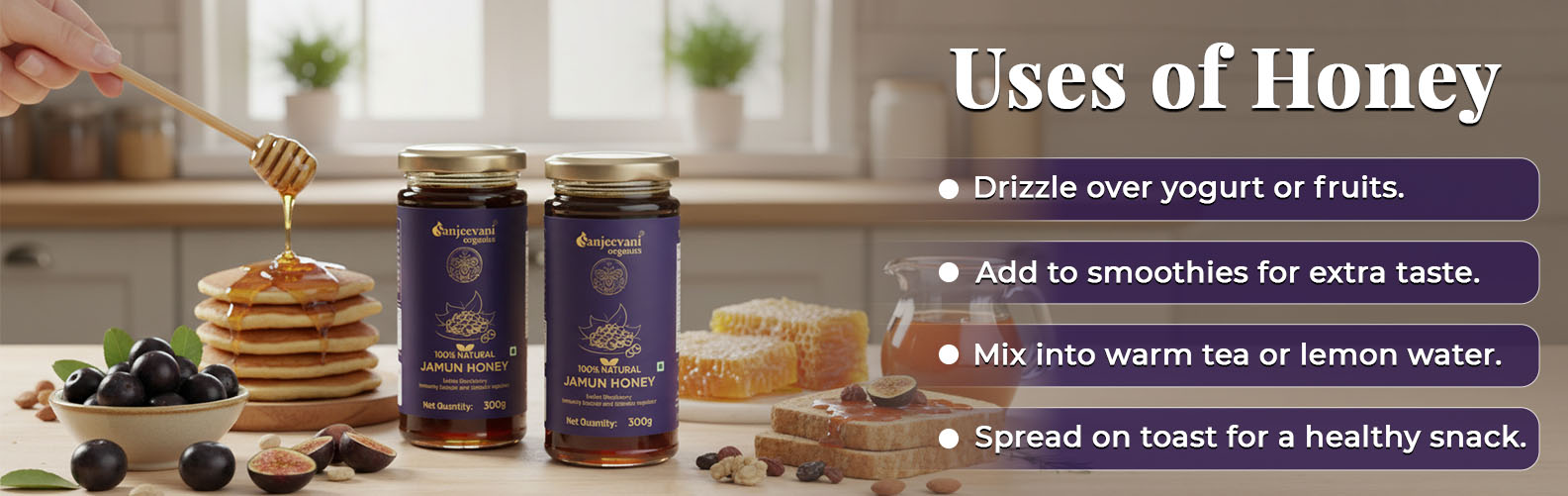Barsana Magic and Honey products with uses listed on a kitchen background