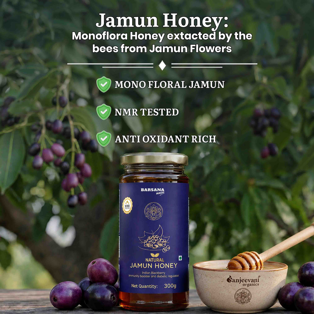 Barsana Magic and Jar of Jamun honey with jamun fruits and a bowl on a natural background