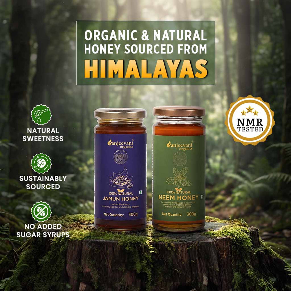 Barsana Magic and Two jars of honey on a wooden stump with a forest background, featuring text about organic and natural honey from the Himalayas.