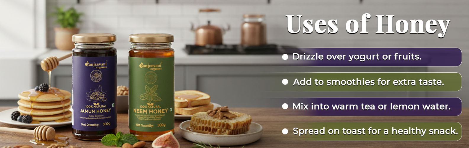 Barsana Magic and Two jars of honey with a kitchen background and text on uses of honey.