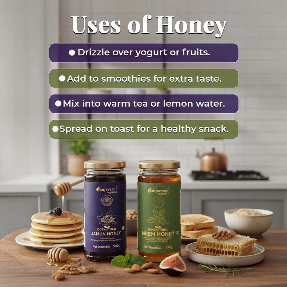 Barsana Magic and Two honey jars on a kitchen counter with text on uses of honey.