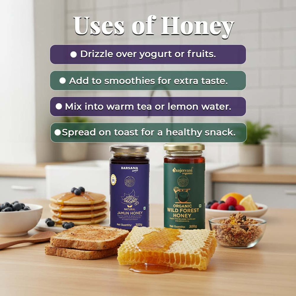 Barsana Magic and Honey jars with a kitchen background and text on honey uses.