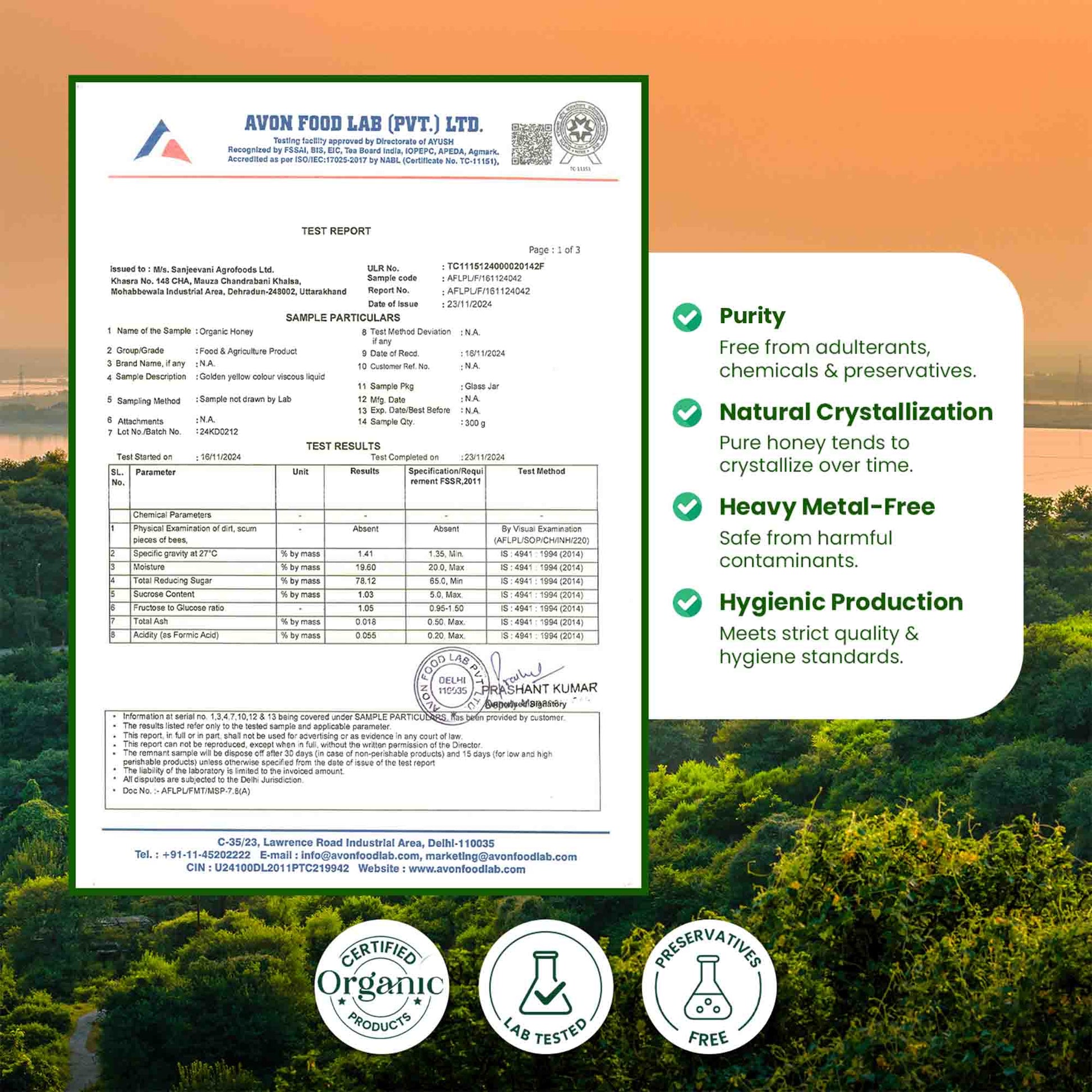 Barsana Magic and A honey product test report certificate from Avon Food Lab (Pvt.) Ltd.