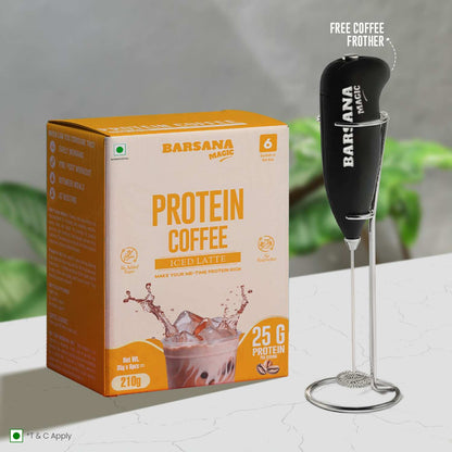Barsana Magic and Protein Coffee package with a coffee frother on a white surface