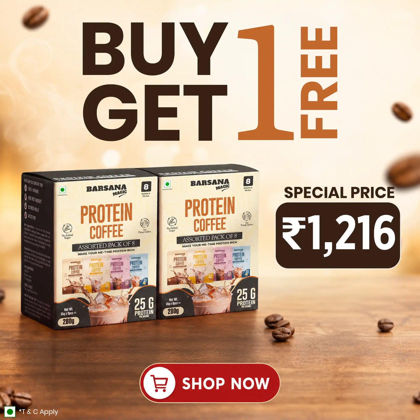 Barsana Magic and Two boxes of Protein Coffee with promotional text on a wooden surface.
