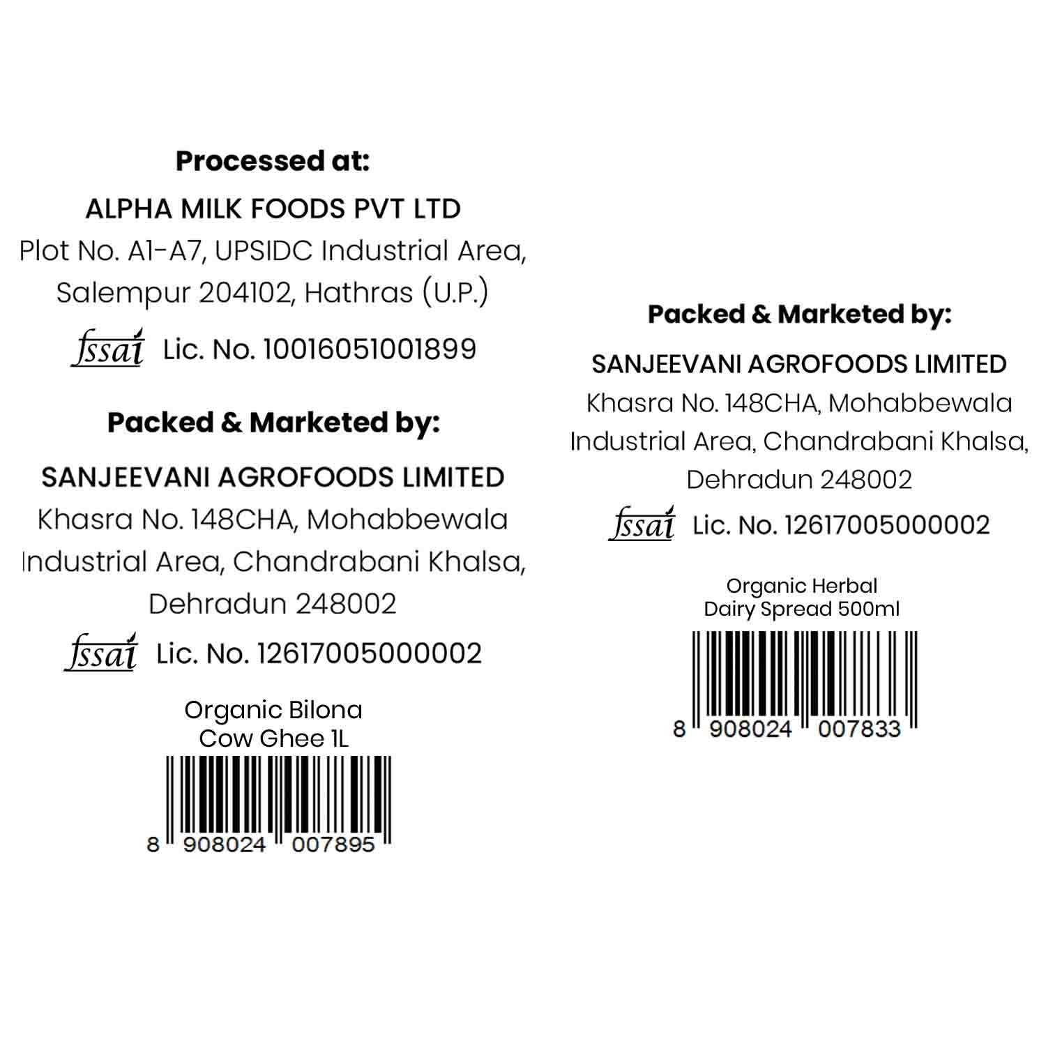 Barsana Magic and Product label with processing and packaging details at Alpha Milk Foods Pvt Ltd and Sanjeevani Agrofoods Limited.