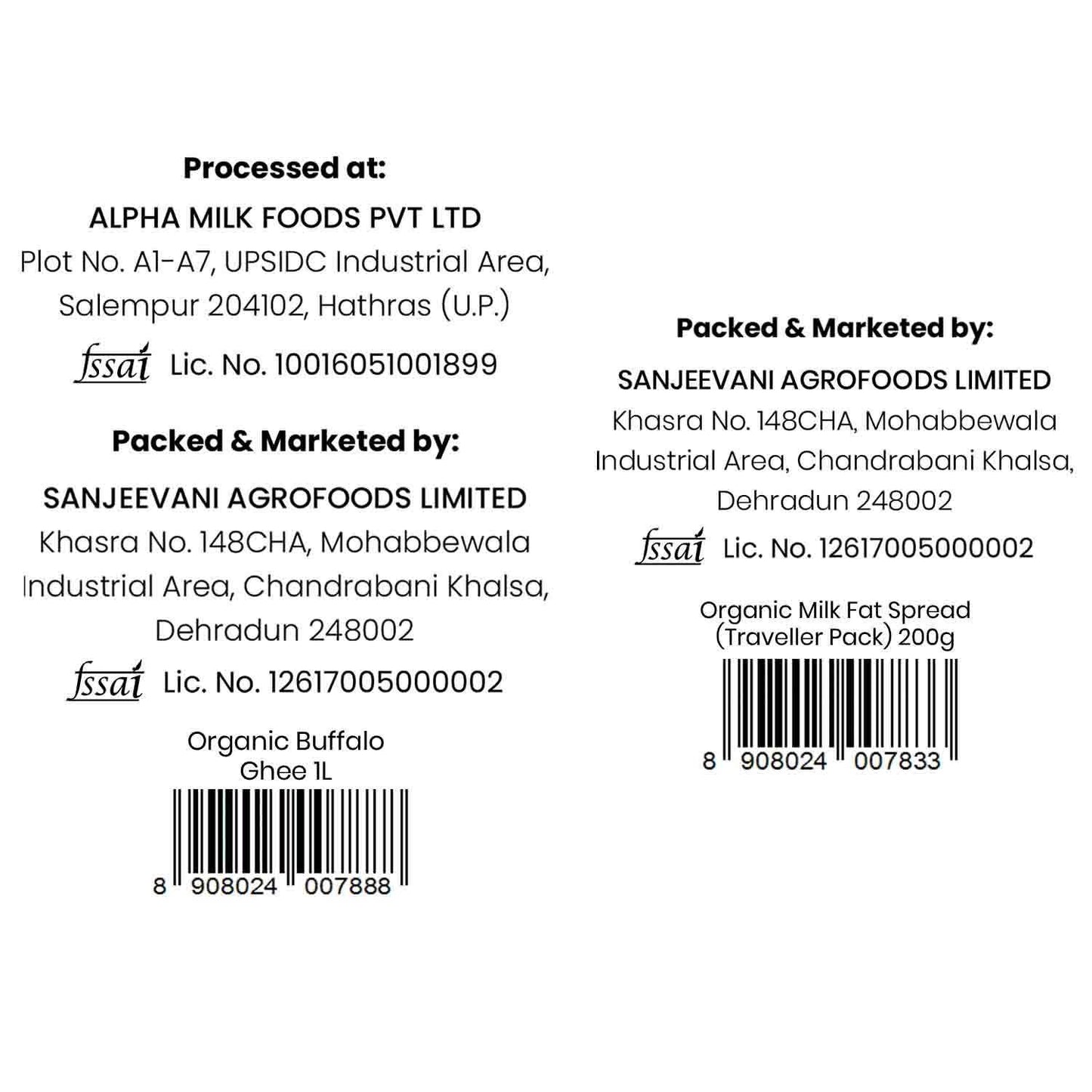 Barsana Magic and Back of a product packaging with branding and contact information for Alpha Milk Foods Pvt Ltd and Sanjeevani Agrofoods Limited.