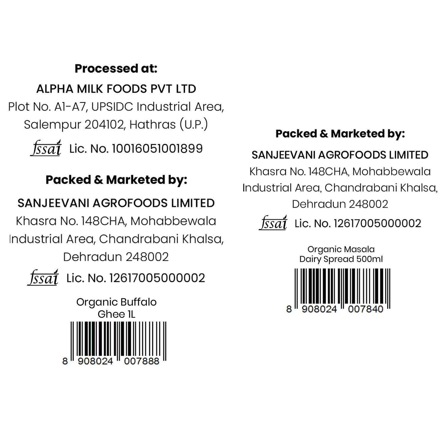 Barsana Magic and Back of a product packaging with branding and contact information for Alpha Milk Foods Pvt Ltd and Sanjeevani Agrofoods Limited.