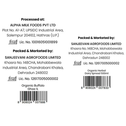 Barsana Magic and  Back of a product label with branding and contact information for Alpha Milk Foods Pvt Ltd and Sanjeevani Agrofoods Limited.