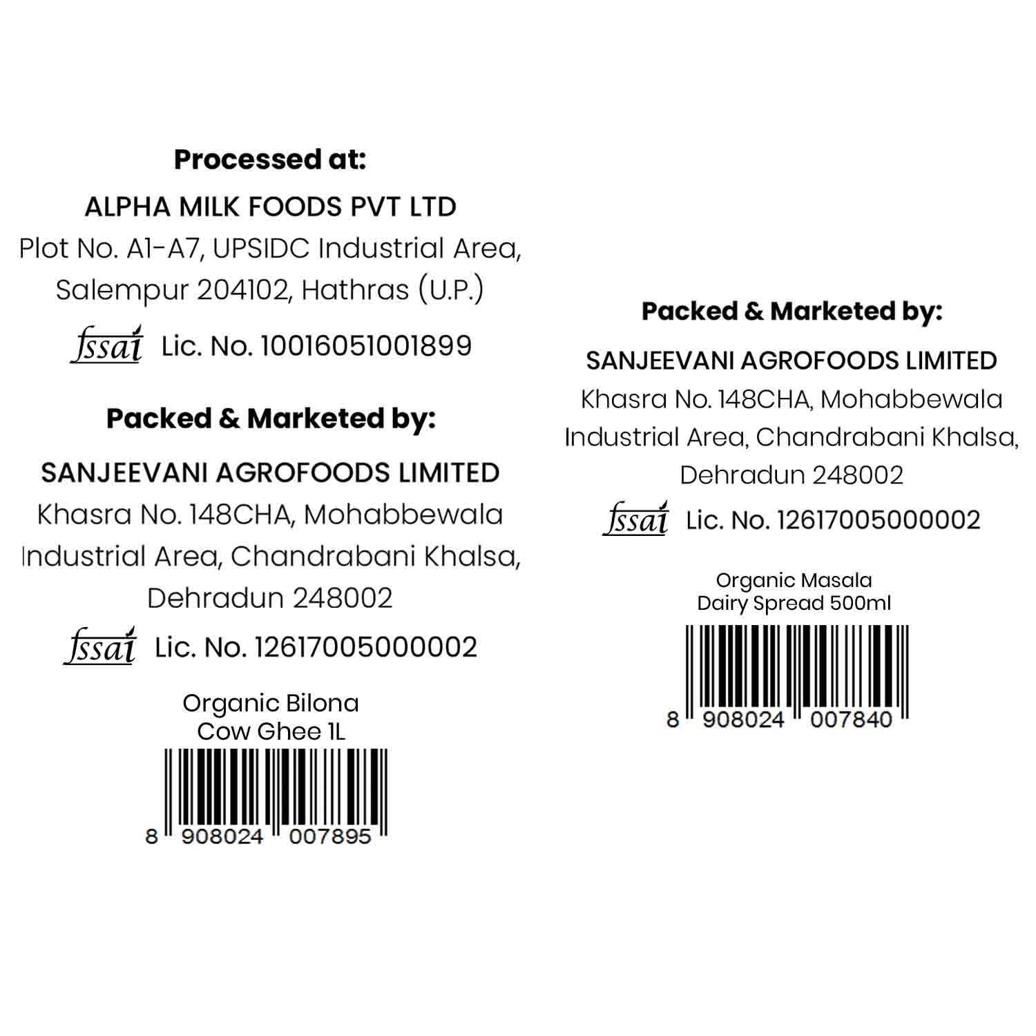 Barsana Magic and Product label with processing and packaging details at Alpha Milk Foods Pvt Ltd and Sanjeevani Agrofoods Limited.
