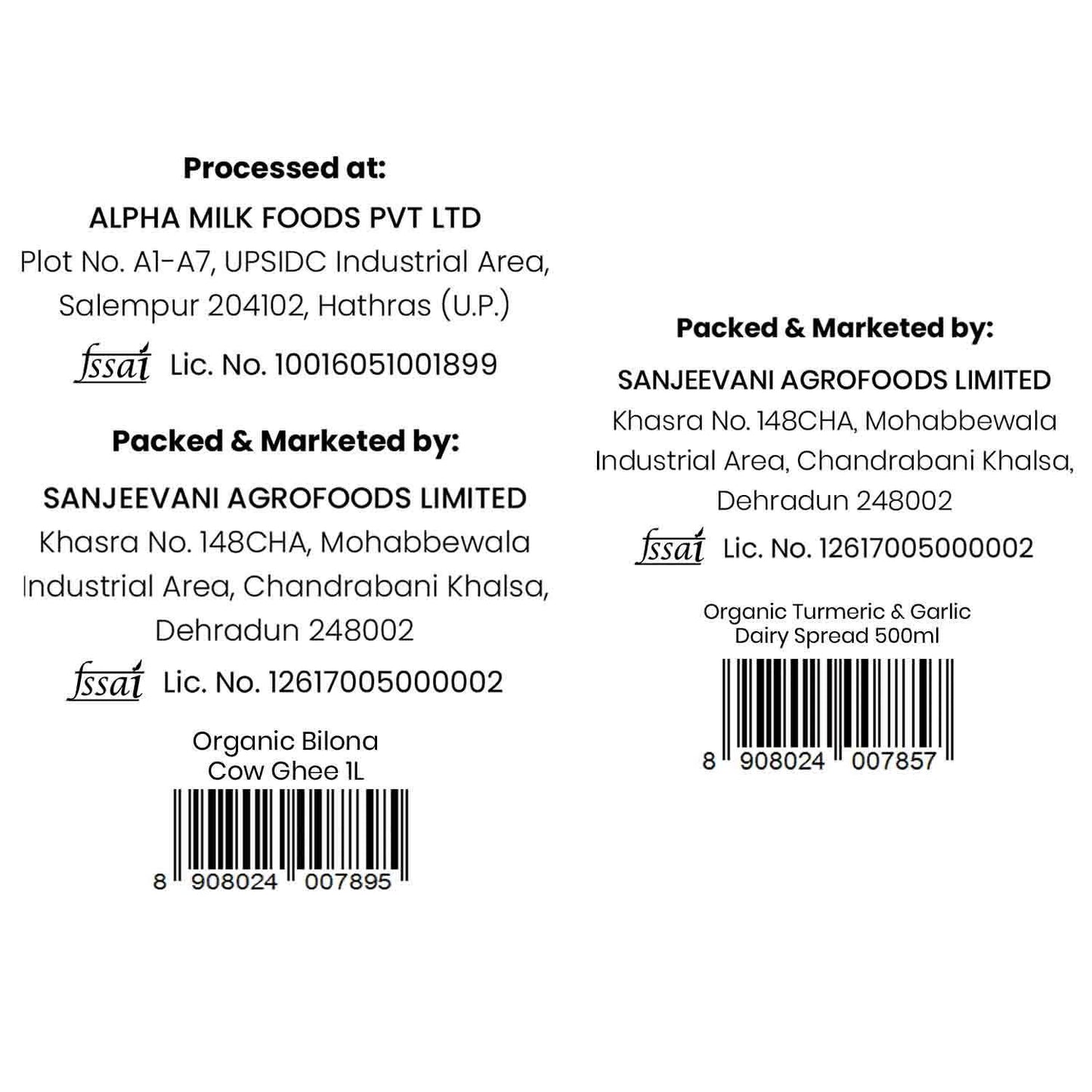 Barsana Magic and Product label with processing and packaging details at Alpha Milk Foods Pvt Ltd and Sanjeevani Agrofoods Limited.
