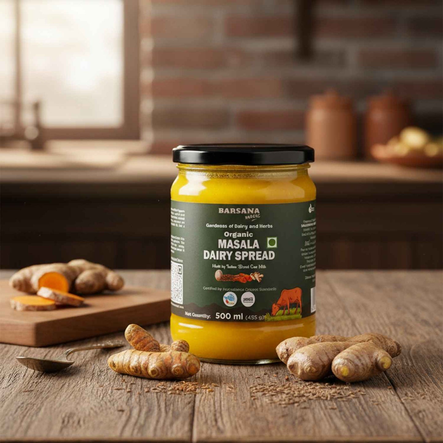 Barsana Magic and Jar of Ghee Masala Dairy Spread on a wooden surface with spices in the background