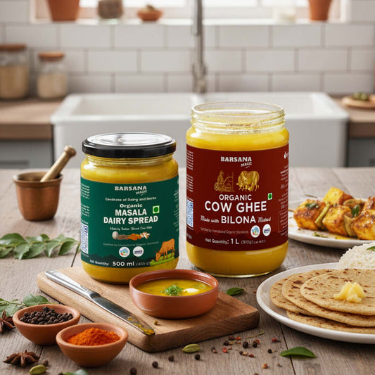 Barsana Magic and Two jars of Barsana organic dairy products on a kitchen counter with food items.