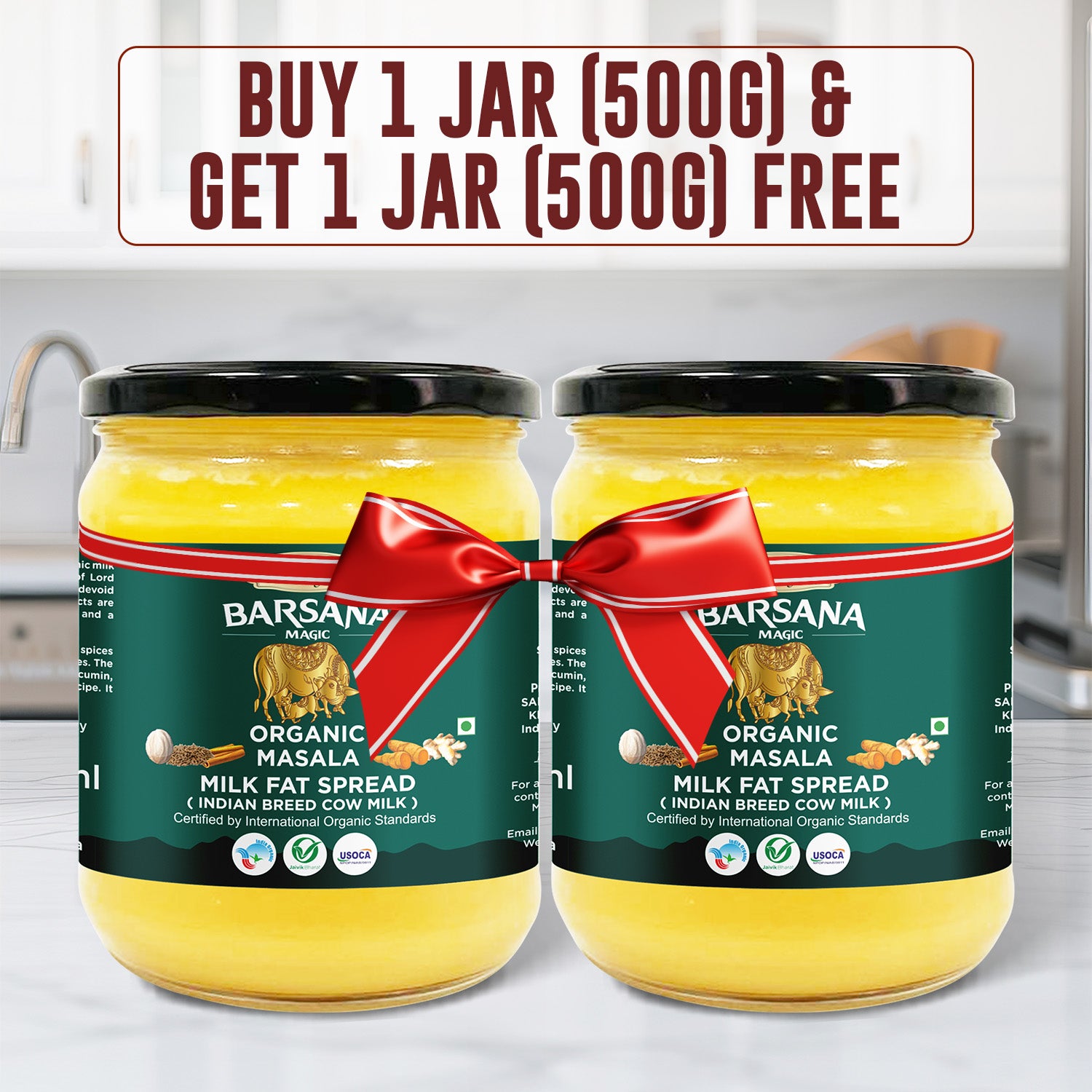 Barsana Magic 2 Jars of Barsana Organic Milk Fat Spread with a promotional banner above them.