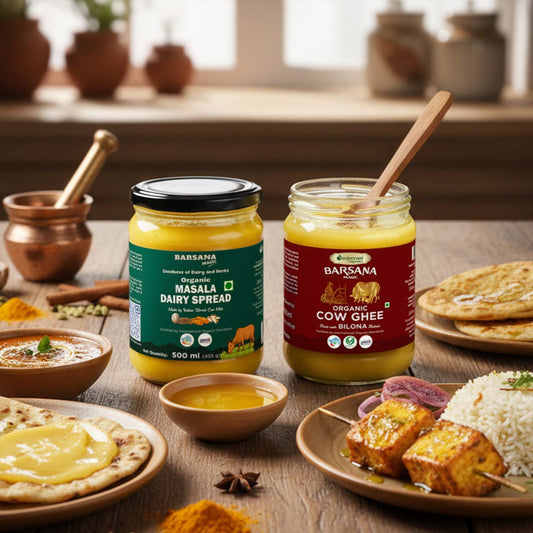 Barsana Magic and Two jars of Barsana dairy products on a wooden table with food items.