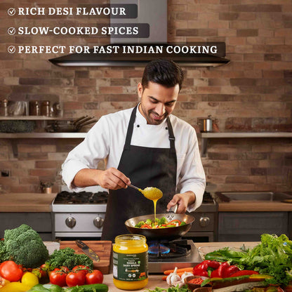Barsana Magic and Chef cooking with ingredients and a jar of sauce in a kitchen setting, with text about cooking style.