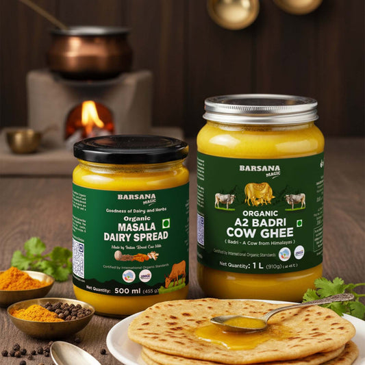 Barsana Magic and Two jars of Barsana dairy products on a wooden table with flatbread and spices.