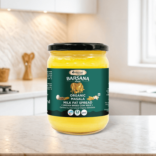 Savor the rich, golden hue of Barsana Magic Organic Masala Milk Fat Spread, infused with aromatic spices in a 500ml jar.