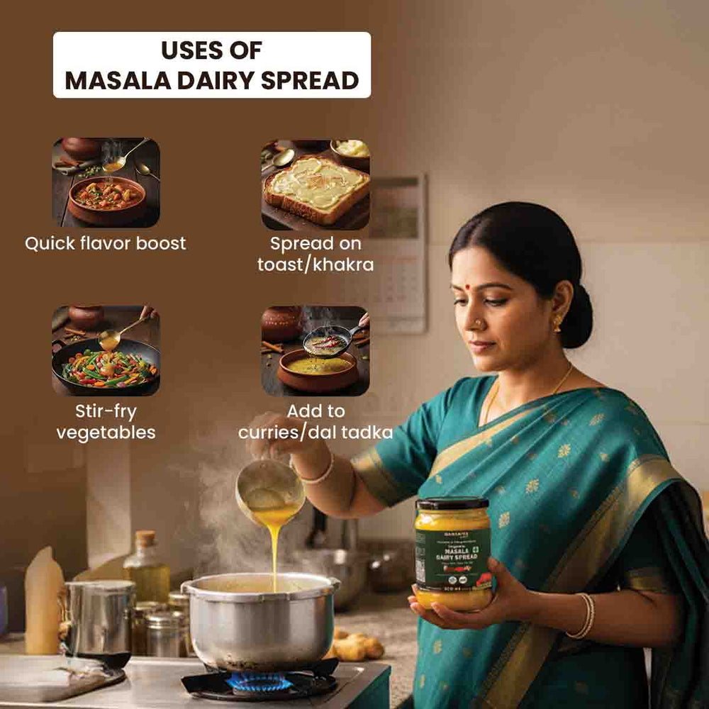 Barsana Magic and Woman in a kitchen using masala dairy spread with text on uses