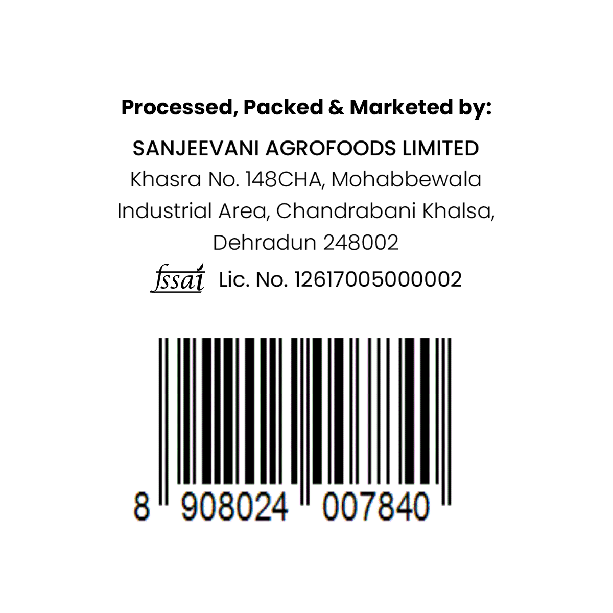 Barsana Magic and Bar code and text for Sanjeevani Agrofoods Limited on a white background
