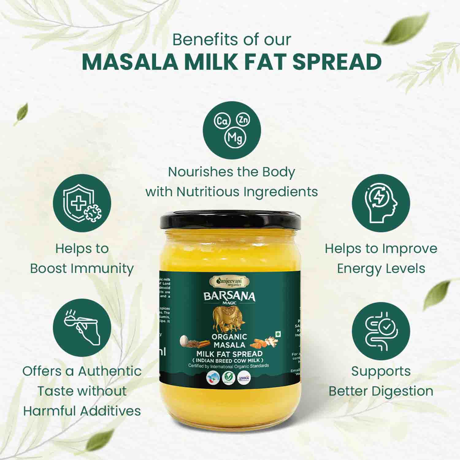 Barsana Magic Jar of Barsana Masala Milk Fat Spread with health benefits listed on a white background with green leaves.