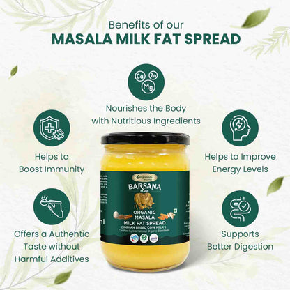 Barsana Magic Jar of Barsana Masala Milk Fat Spread with health benefits listed on a white background with green leaves.
