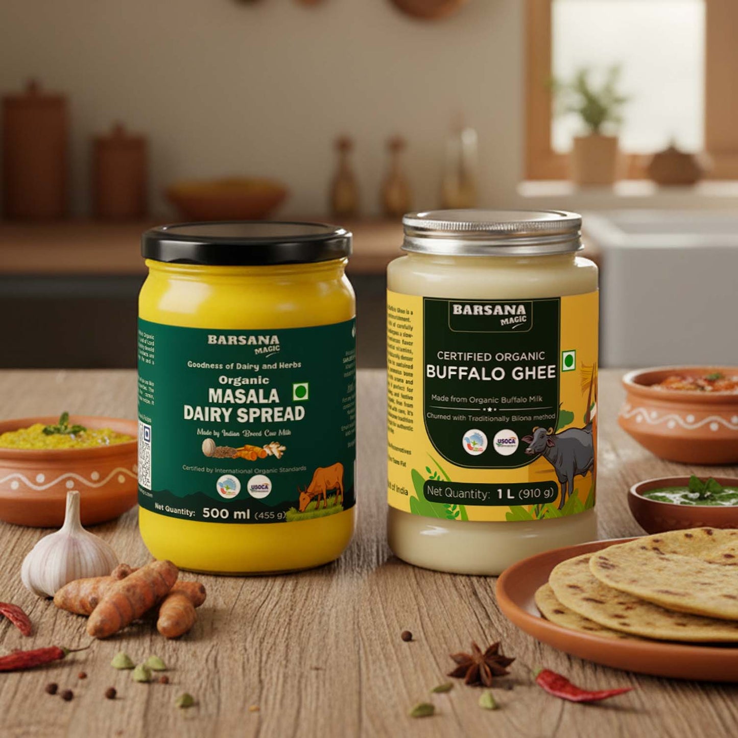 Barsana Magic and Two jars of Barsana Organic products on a wooden table with kitchen items in the background