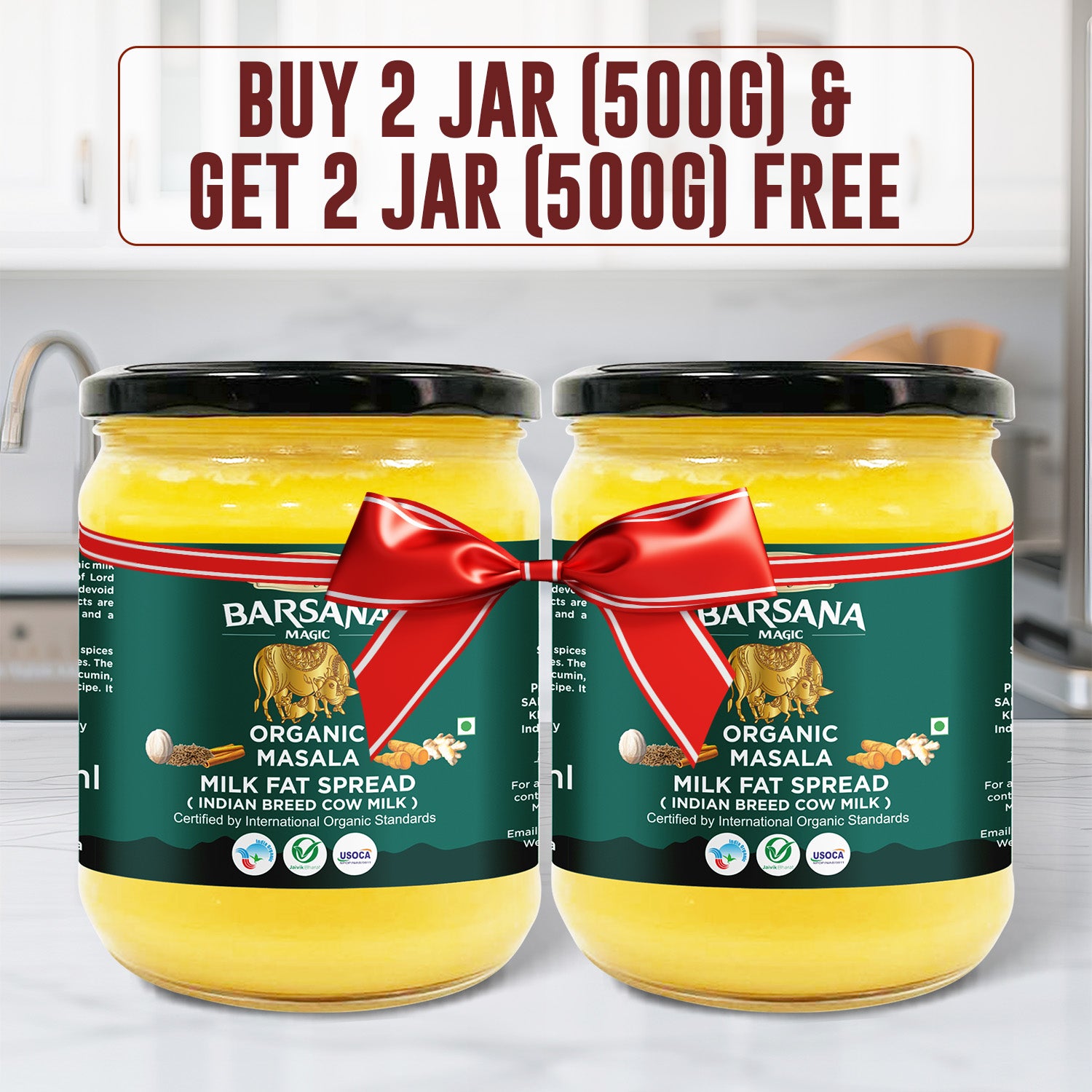 Barsana Magic 2 Jar of Organic Milk Fat Spread with a promotional banner above them.