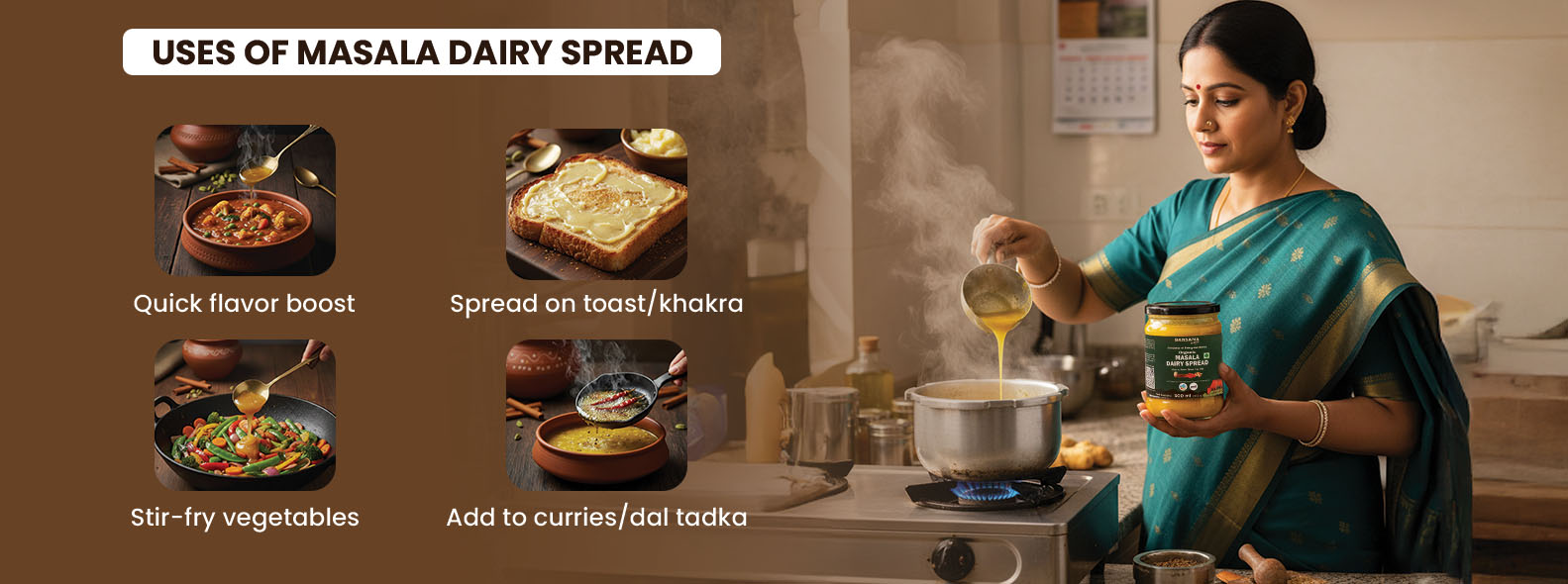 Barsana Magic and Woman preparing food with Masala Dairy Spread in a kitchen setting, showcasing its uses.