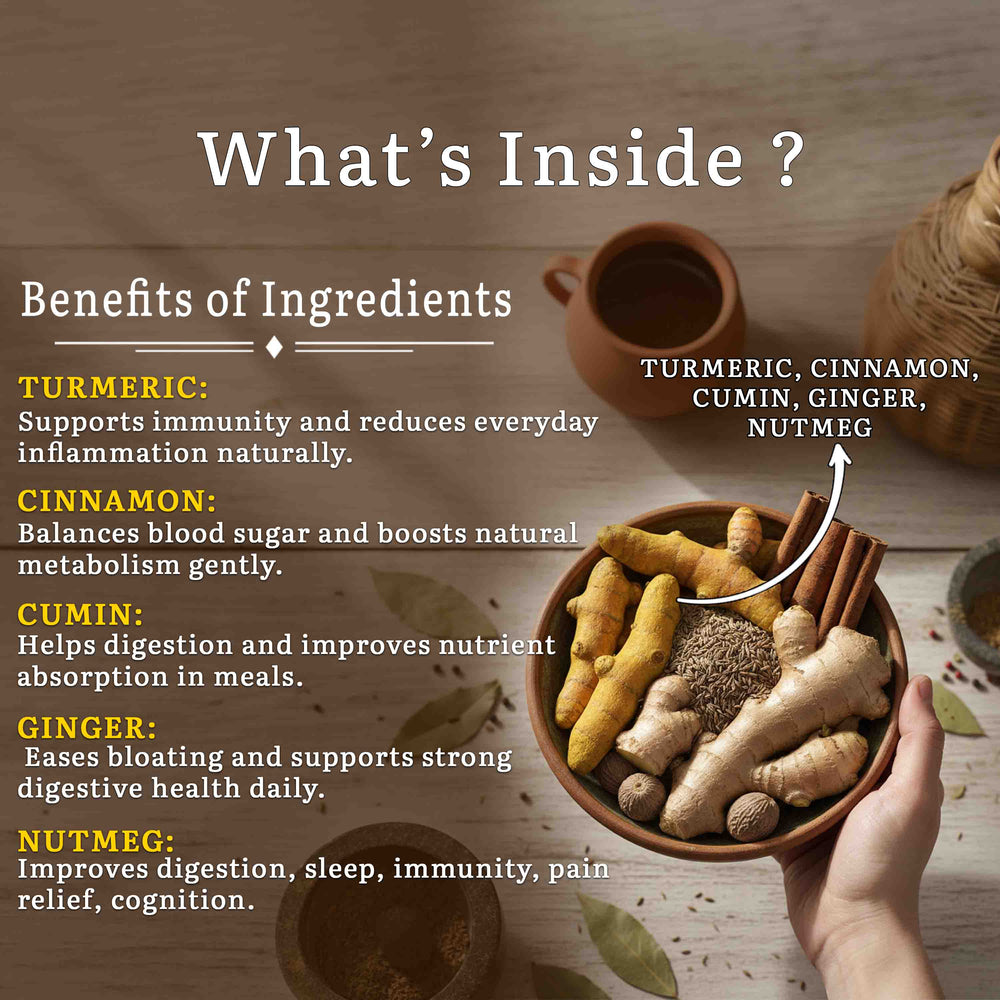 Barsana Magic and Spices in a bowl with text on benefits and ingredients on a wooden background