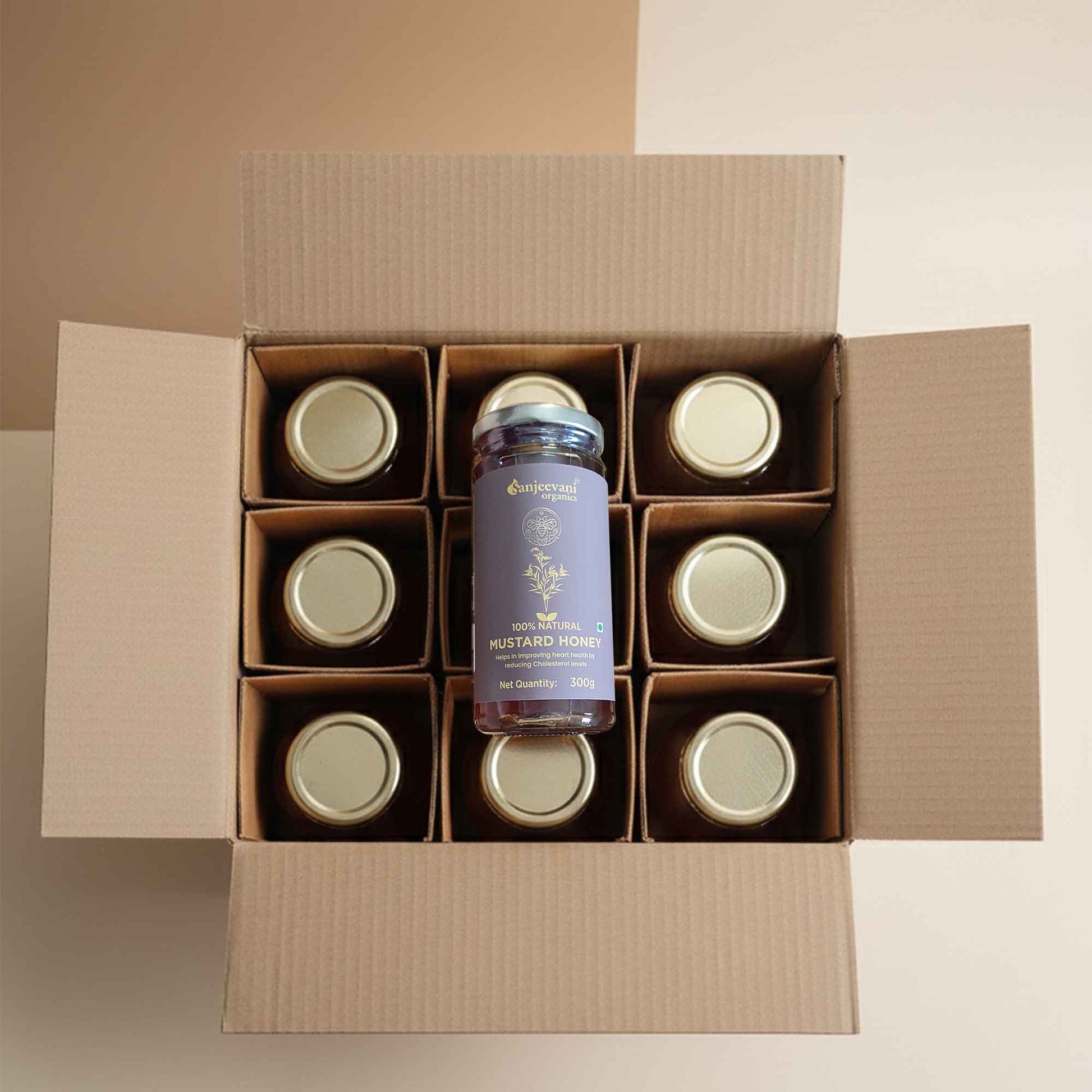 Barsana Magic and Cardboard box with mustard honey jars on a beige background