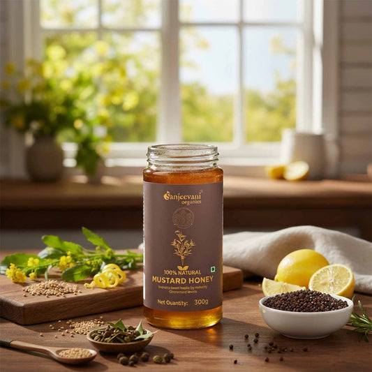 Barsana Magic and Jar of mustard honey on a wooden table with lemons and herbs in the background
