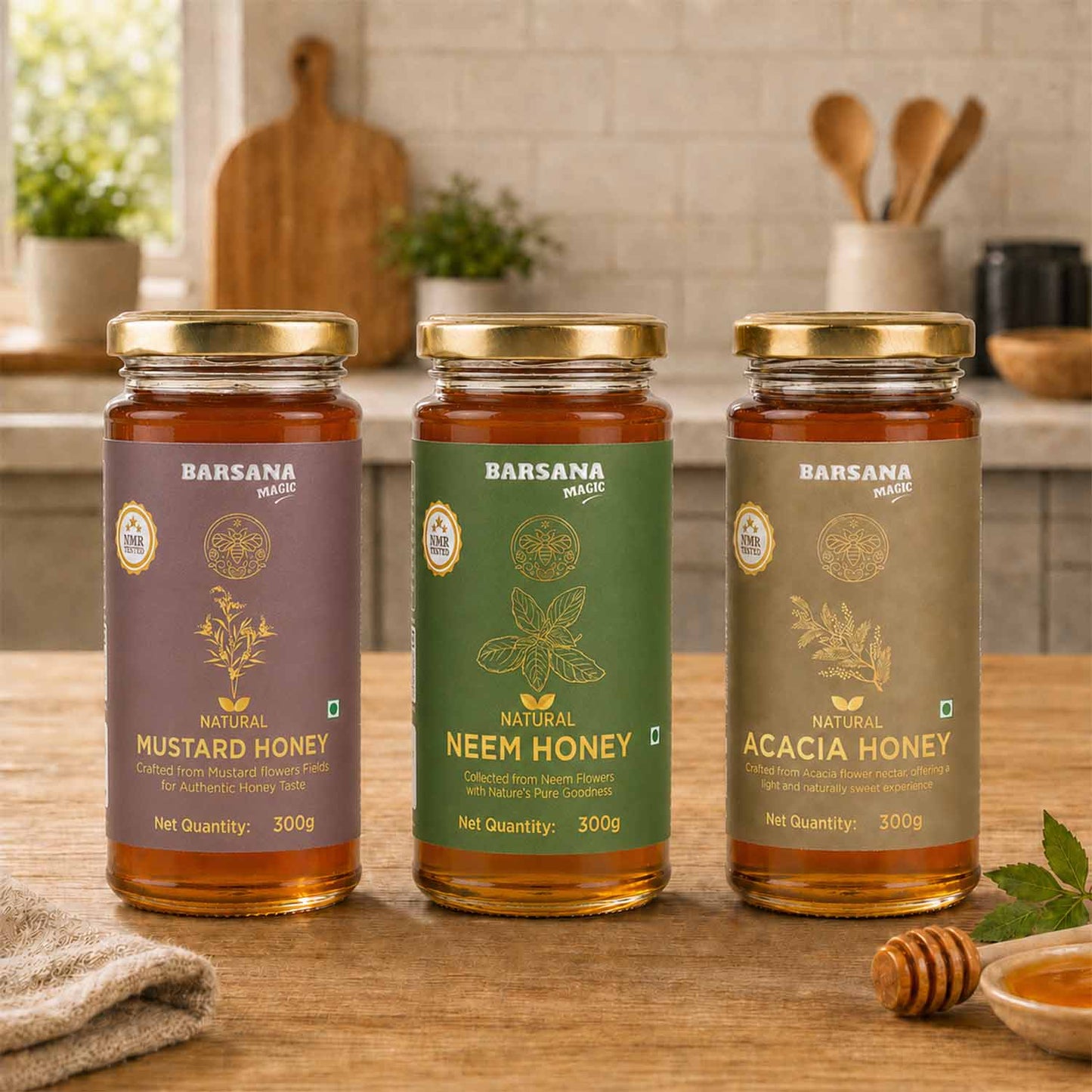 Natural Acacia Honey + Van Tulsi  Raw Honey + Mustard Honey (Pack of 3) - Get Free 5 Sachets Honey & Stick