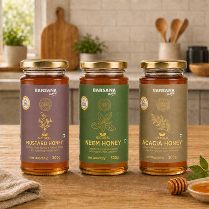 Natural Acacia Honey + Van Tulsi  Raw Honey + Mustard Honey (Pack of 3) - Get Free 5 Sachets Honey & Stick