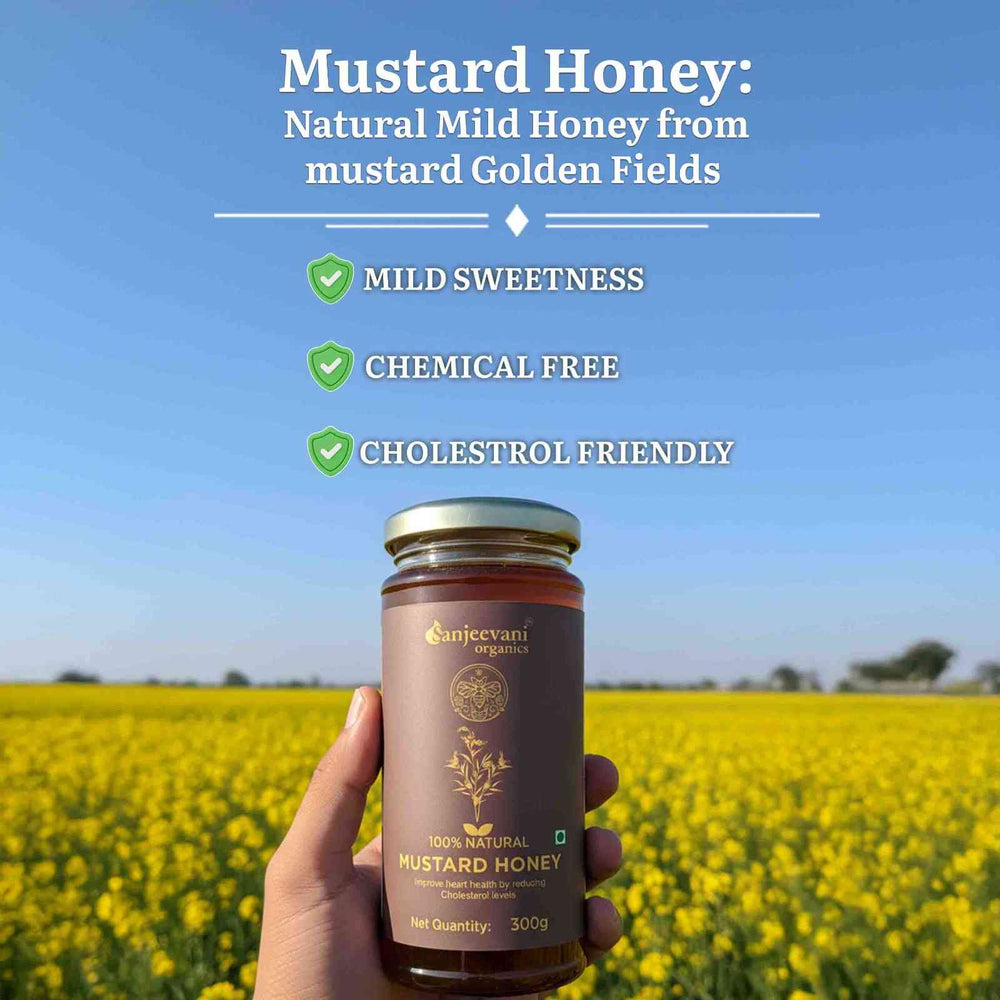 Barsana Magic and Hand holding a jar of mustard honey with a mustard field in the background