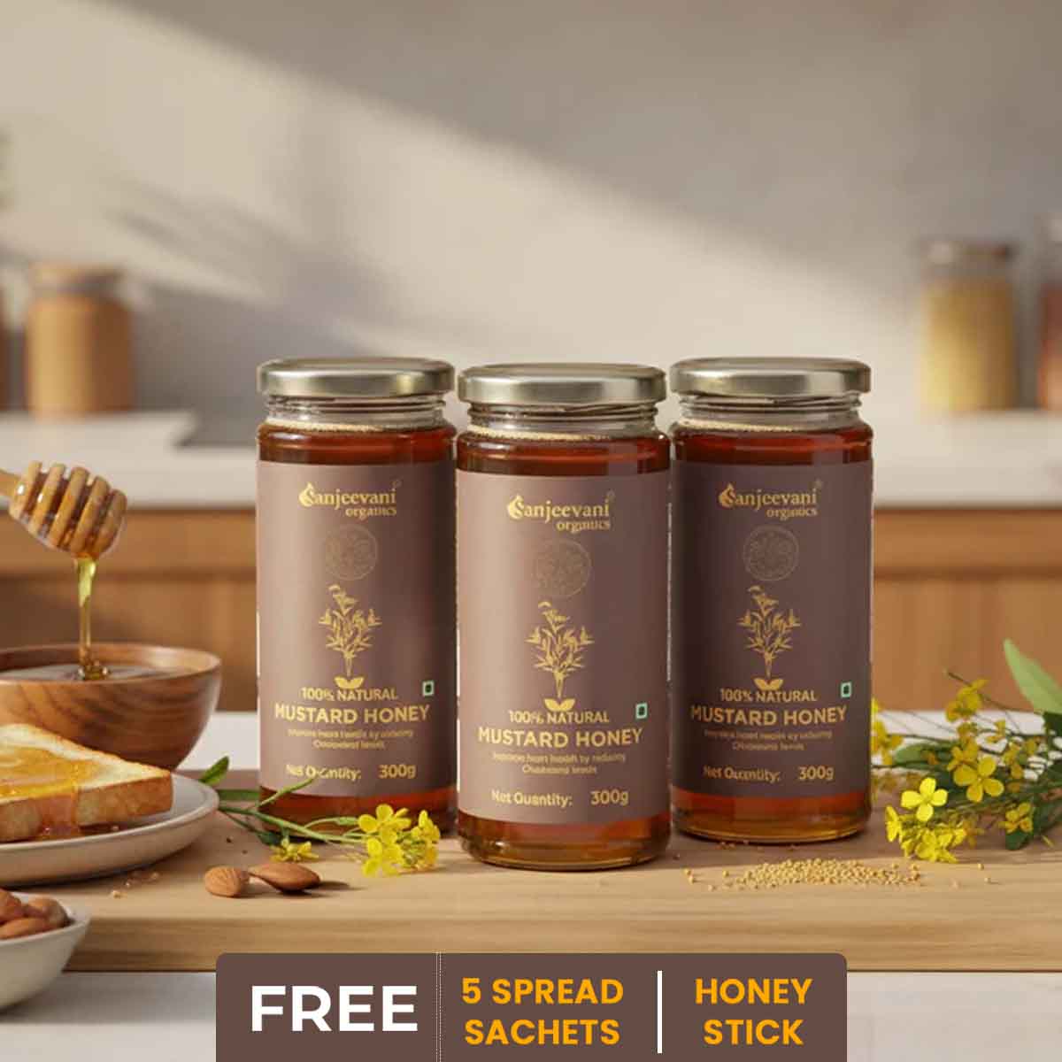 Barsana Magic and Three jars of Sanjeevani Organics Mustard Honey on a kitchen counter with a honey dipper and toast.